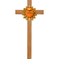 Sacrado Corazón de Jesús con aureola en cruz de roble